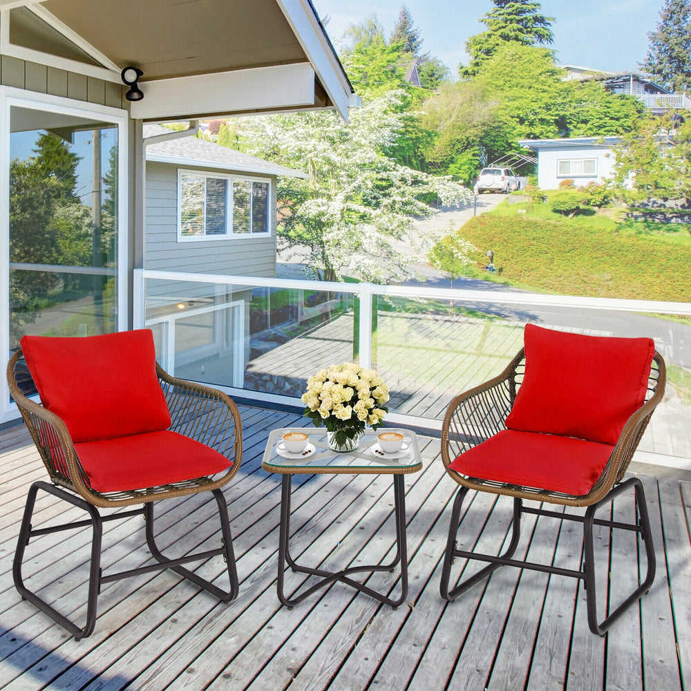 3 Pieces Patio Rattan Bistro Set Cushioned Chair Glass Table Deck-Red - Gallery View 1 of 10