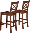 Set of 2 bar stools with rubber wood legs, featuring an X-shaped backrest, perfect for counter height seating.