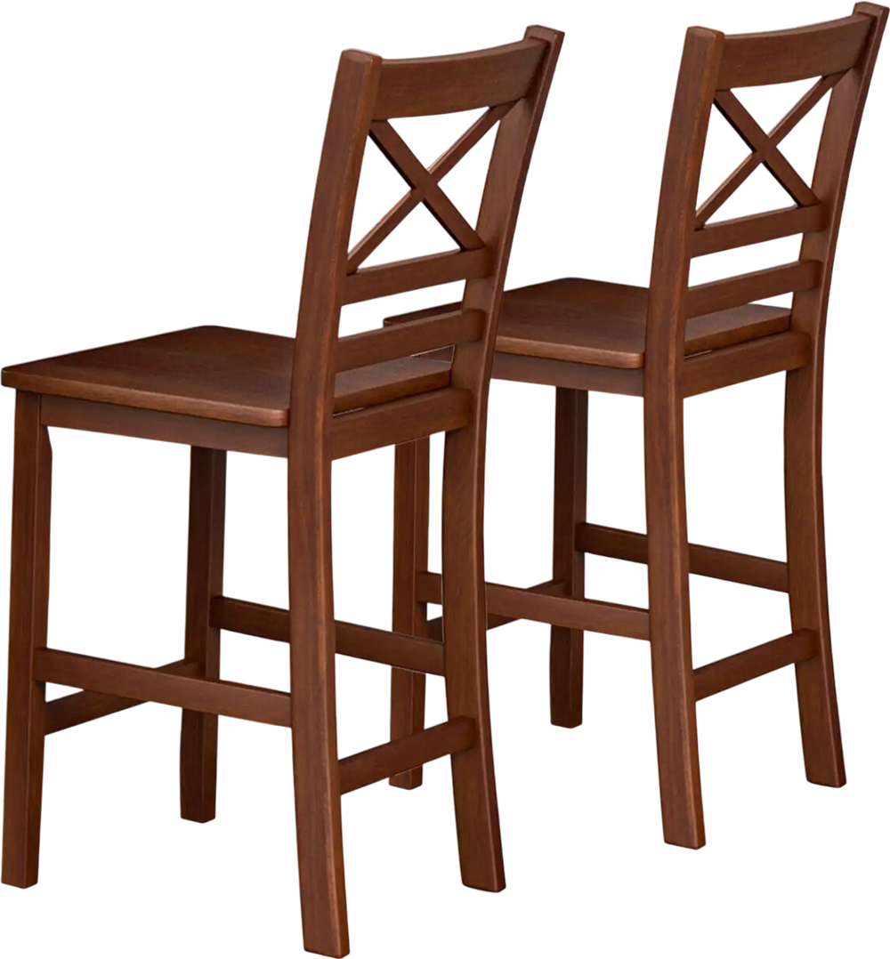 Set of 2 bar stools with rubber wood legs, featuring an X-shaped backrest, perfect for counter height seating.