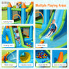 Inflatable water slide with bounce house, climbing wall, and splash pool for kids' outdoor fun and play.