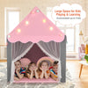 Kids playhouse tent in pink with star lights, accommodating up to 4 kids, featuring a soft mat and breathable curtains.