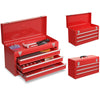Portable red mechanic tool cabinet with three drawers and top tray for easy tool organization and transport.