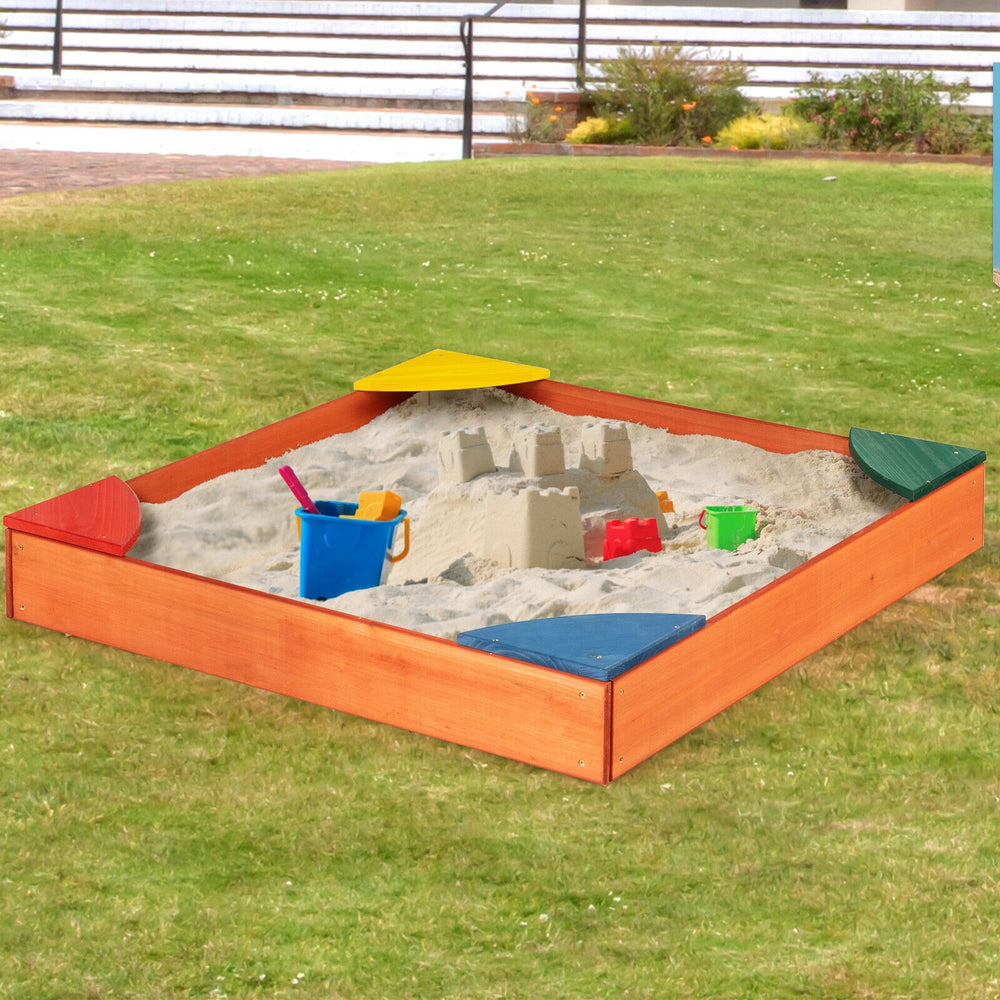 Kids outdoor wooden sandbox with colorful corner seating, made of cedar and pine, perfect for ages 3 to 8.