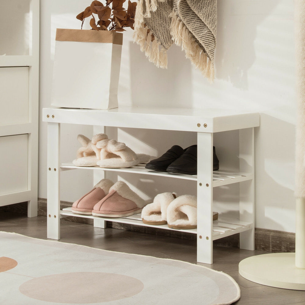 3-Tier Bamboo Shoe Bench Holds up to 6 Pairs for Entry-White - Gallery View 1 of 11