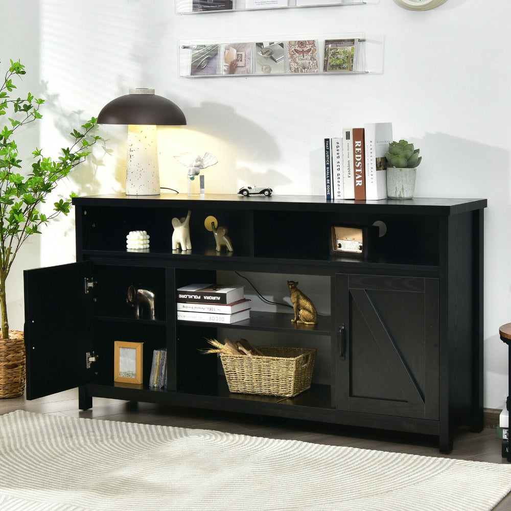 Black 59-inch TV stand with barn door, open compartments, and side cabinets for ample storage in living room or bedroom.