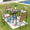 5-piece outdoor rattan bistro set with 4 bar stools and table, featuring weather-resistant material and soft cushions.