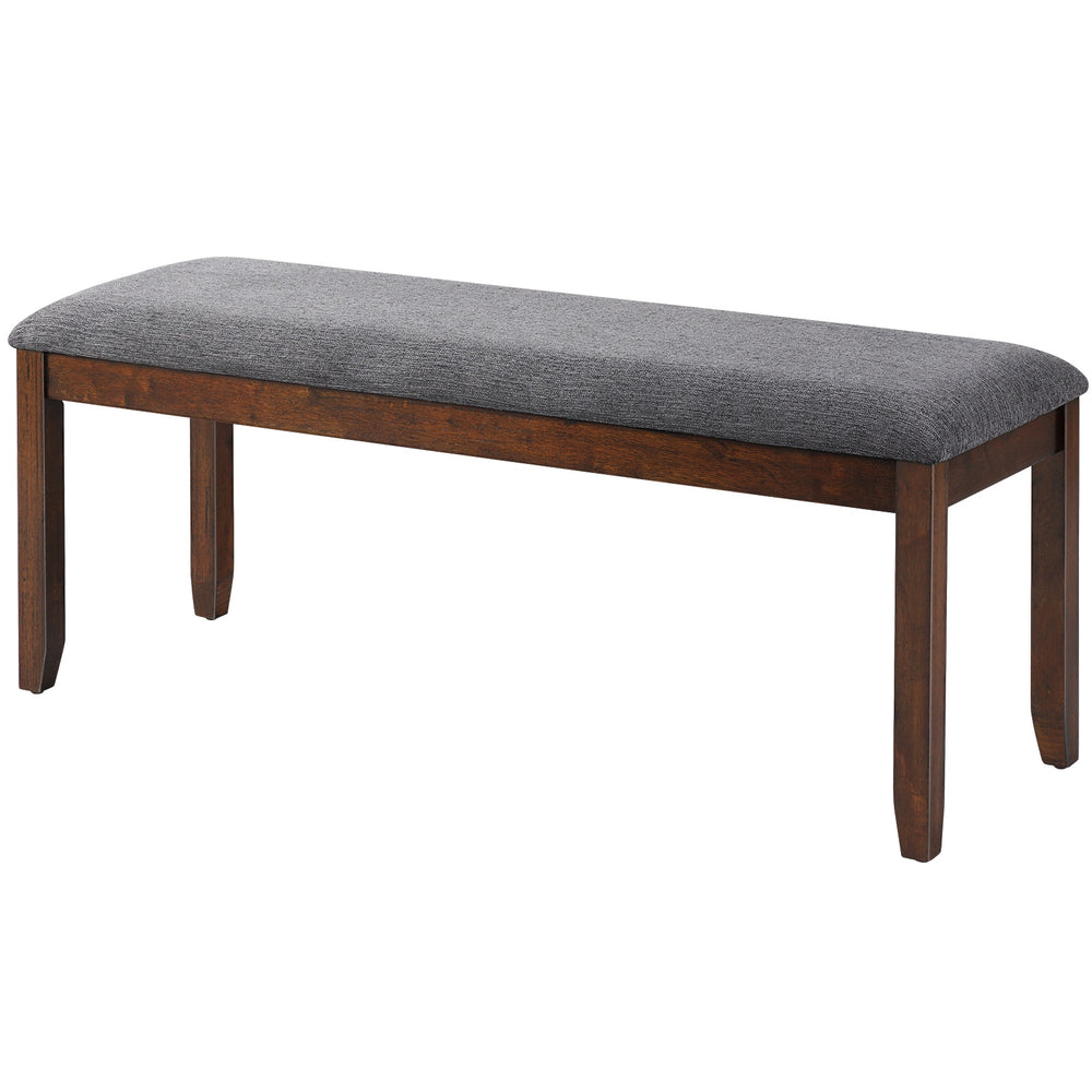 Upholstered entryway bench footstool with a wide seat and durable rubber wood legs, ideal for dining or entryway use.