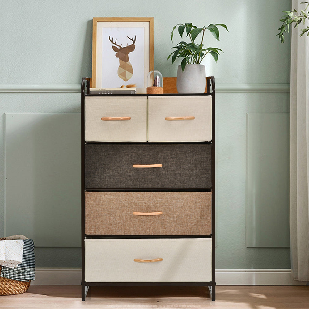 4-tier organizer tower with 5 fabric drawers and wooden top, featuring a sturdy steel frame for versatile storage.