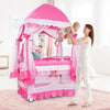 Portable pink baby playpen crib with diaper changing pad and mosquito net, ideal for safe naps and playtime.