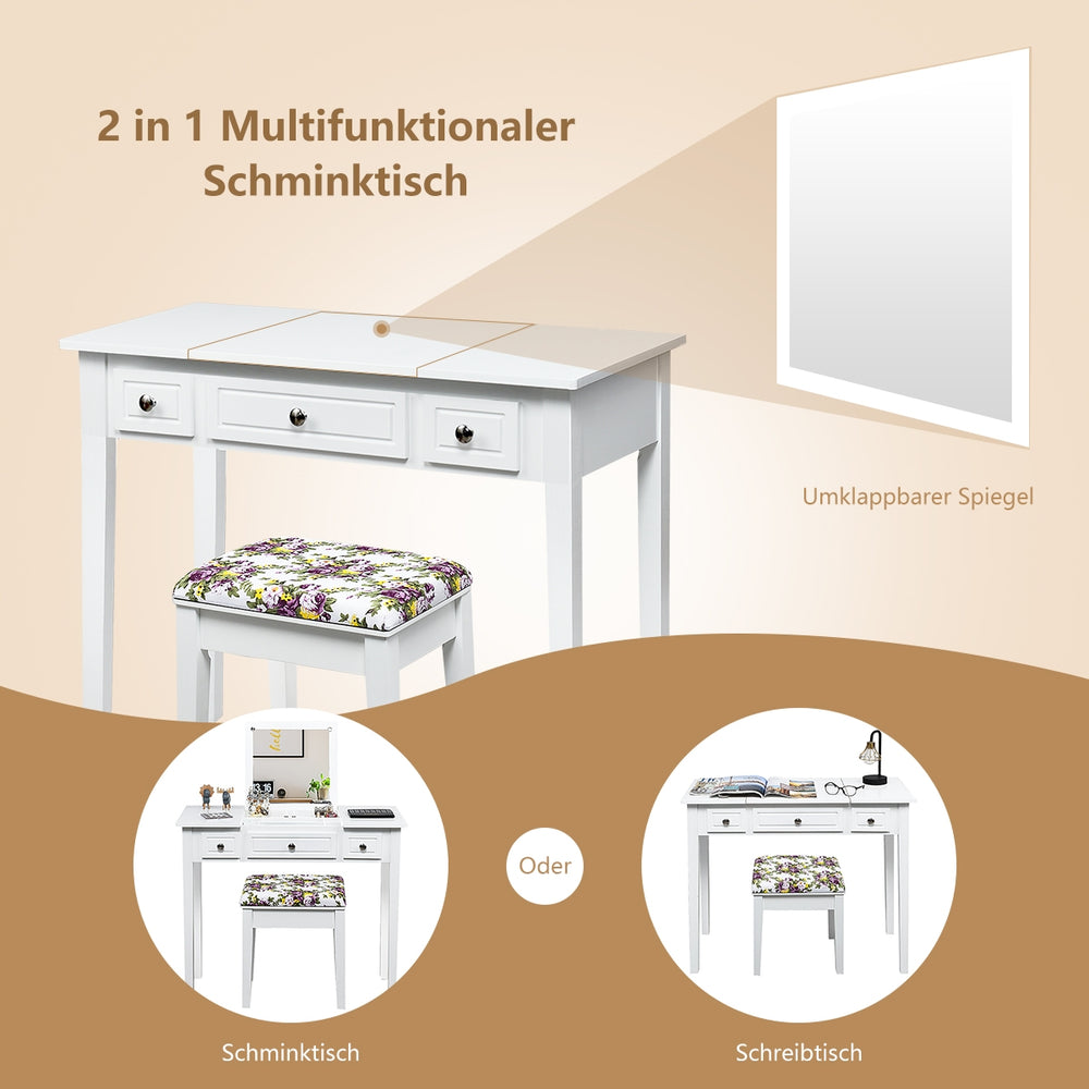 Multifunktionaler Schminktisch mit klappbarem Spiegel, 3 Schubladen und Blumenhocker, ideal für Schlafzimmer oder Flur.