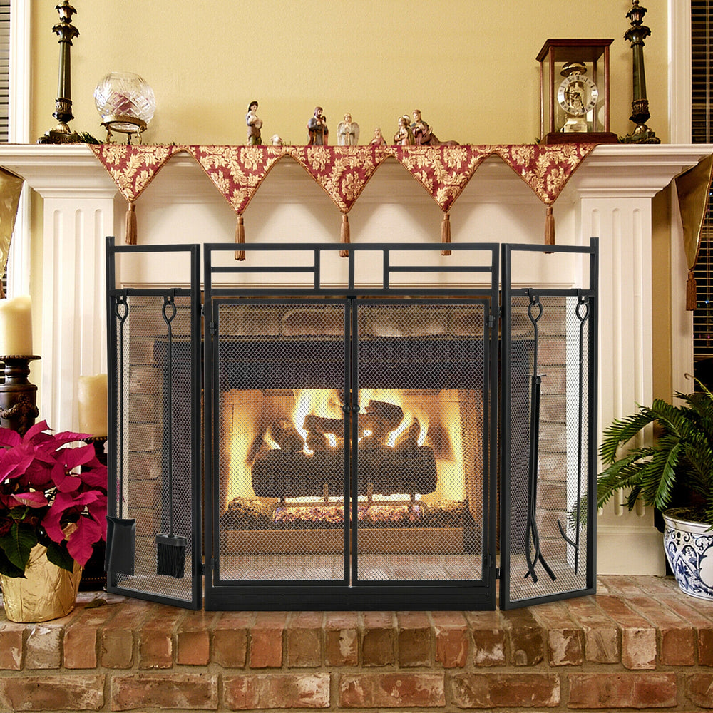3-panel black wrought iron fireplace screen with doors and tools set, designed for safety and durability in indoor use.