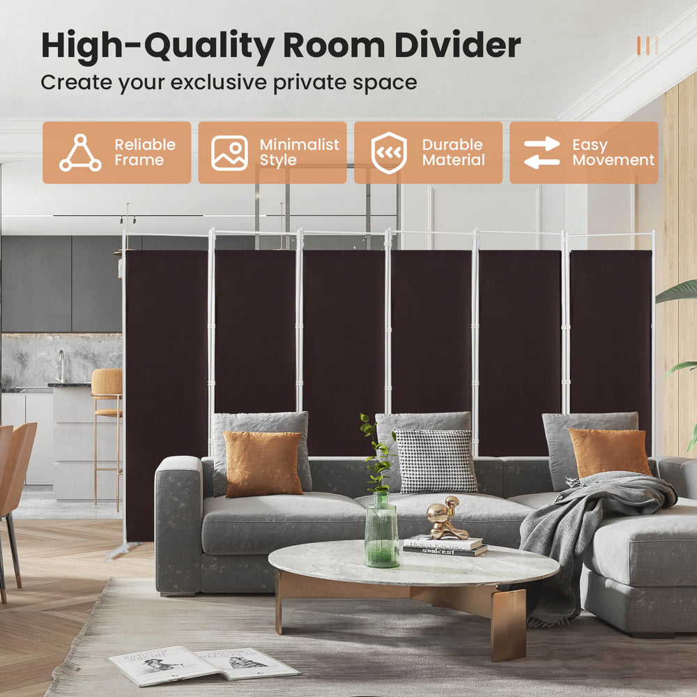 6-panel brown room divider with a steel frame and polyester fabric, perfect for creating private spaces in any room.