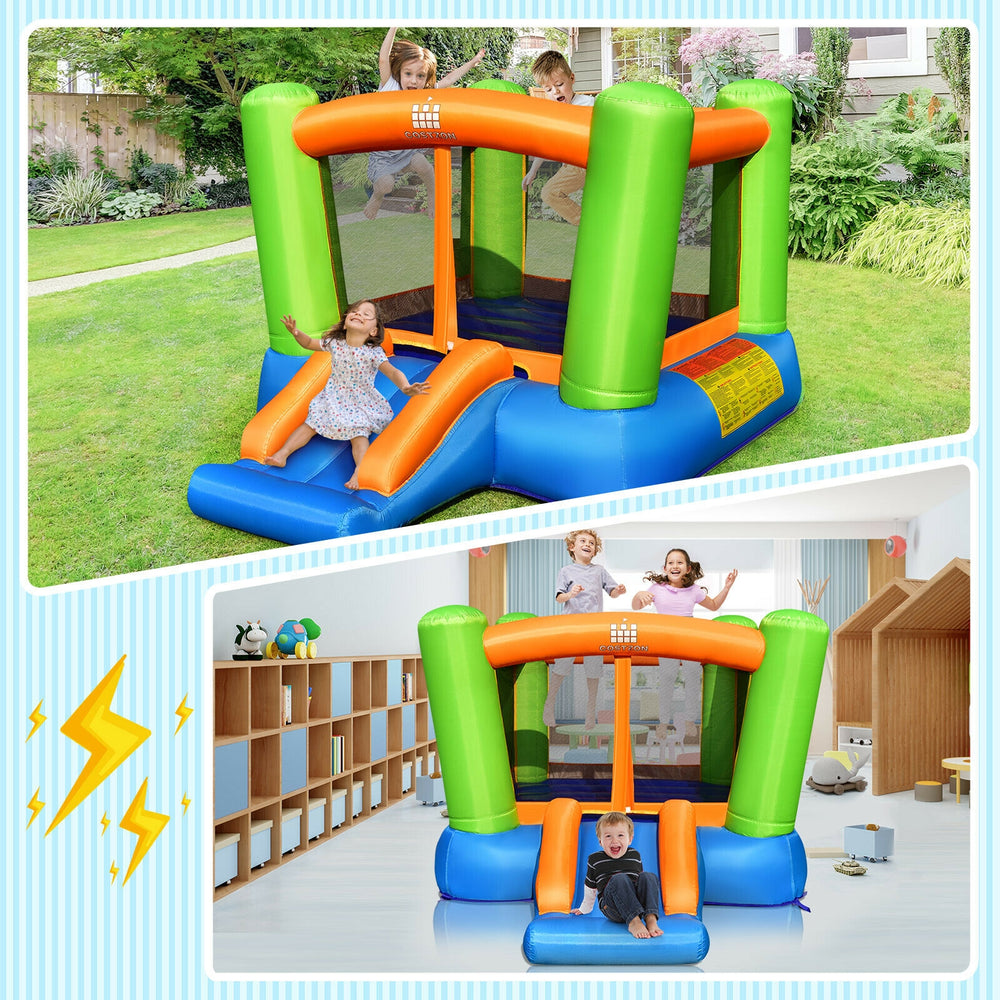 Kids inflatable bounce house with vibrant colors and mesh walls, designed for safety and fun in backyards or indoors.