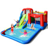 Inflatable water slide with climbing wall, basketball hoop, and splash pool for kids' summer fun in the backyard.