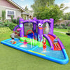 Colorful inflatable water slide park featuring a jumping area, splash pool, and slide for kids' outdoor fun.