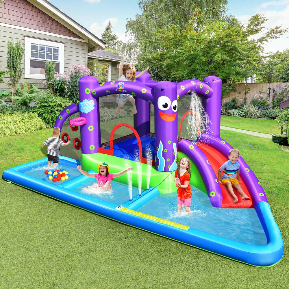 Colorful inflatable water slide park featuring a jumping area, splash pool, and slide for kids' outdoor fun.