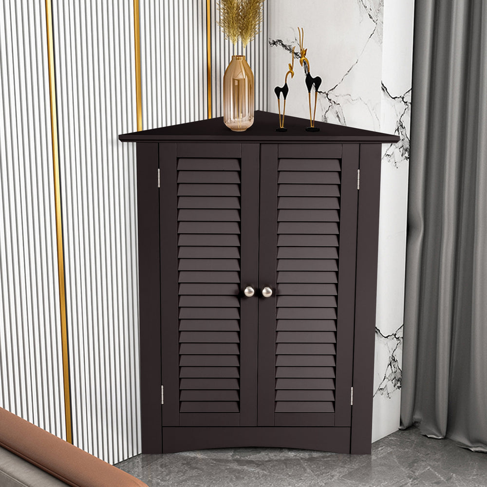 Brown bathroom corner storage cabinet with shutter doors, adjustable shelf, and elegant design for versatile home use.
