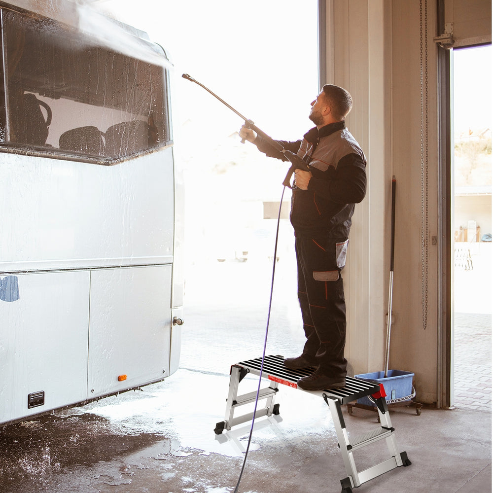 Aluminum folding step stool ladder with non-slip surface, ideal for washing windows and reaching high areas safely.