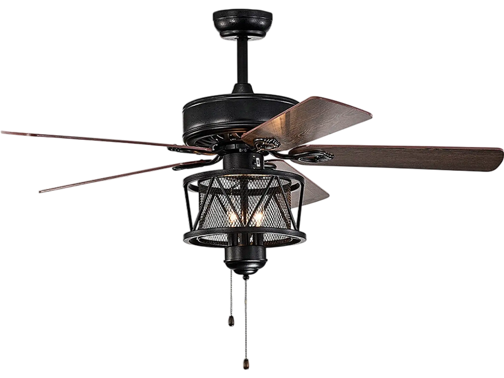 50-inch black ceiling fan with lights, reversible blades, and pull chain control, perfect for living rooms and bedrooms.
