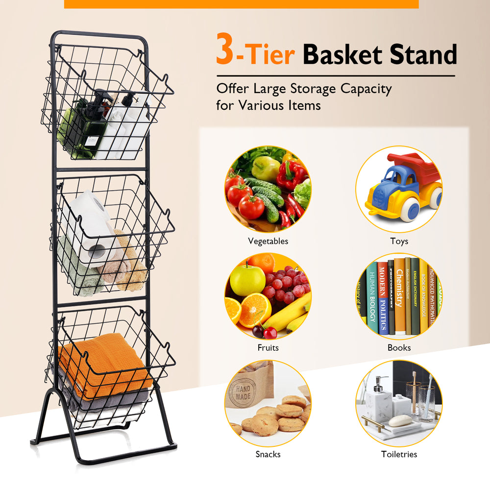3-tier metal basket stand with adjustable heights for organizing fruits, vegetables, and snacks in kitchen or living.