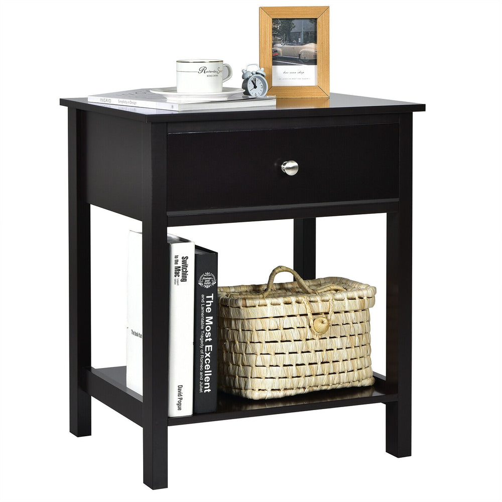 Black wooden storage shelf with drawer showcasing a compact design, perfect for small spaces in bedrooms or living.