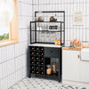 Freestanding black kitchen baker's rack with wine glass holder, drawer, and storage for 18 wine bottles, ideal for.