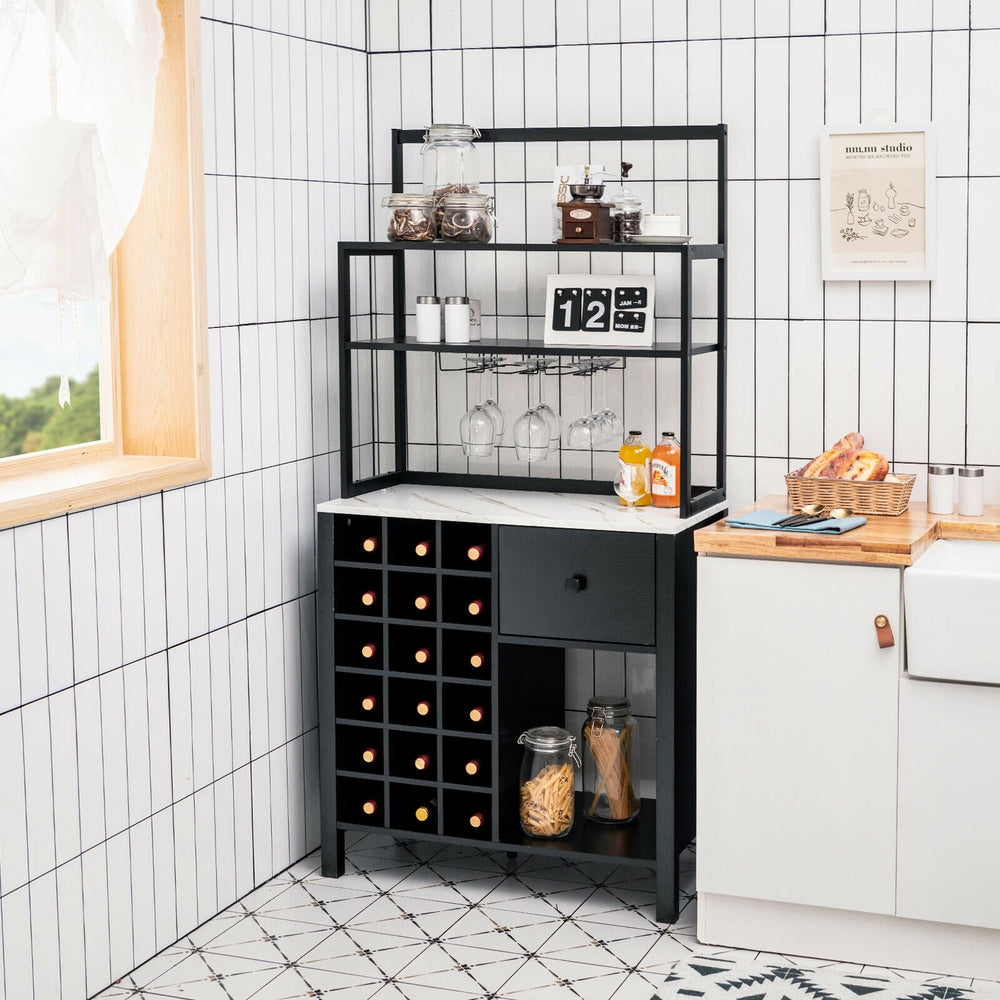 Freestanding black kitchen baker's rack with wine glass holder, drawer, and storage for 18 wine bottles, ideal for.
