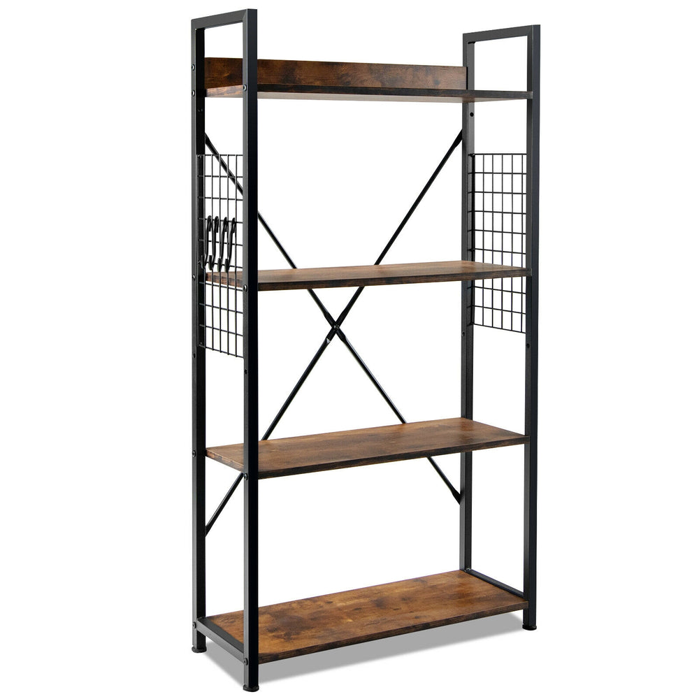 Industrial 4-tier bookshelf with wooden shelves and adjustable height, featuring powder-coated steel frame and hooks.