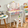 Kids vanity dressing table set in white with tri-fold mirror, 3 drawers, and a chair for makeup and study.