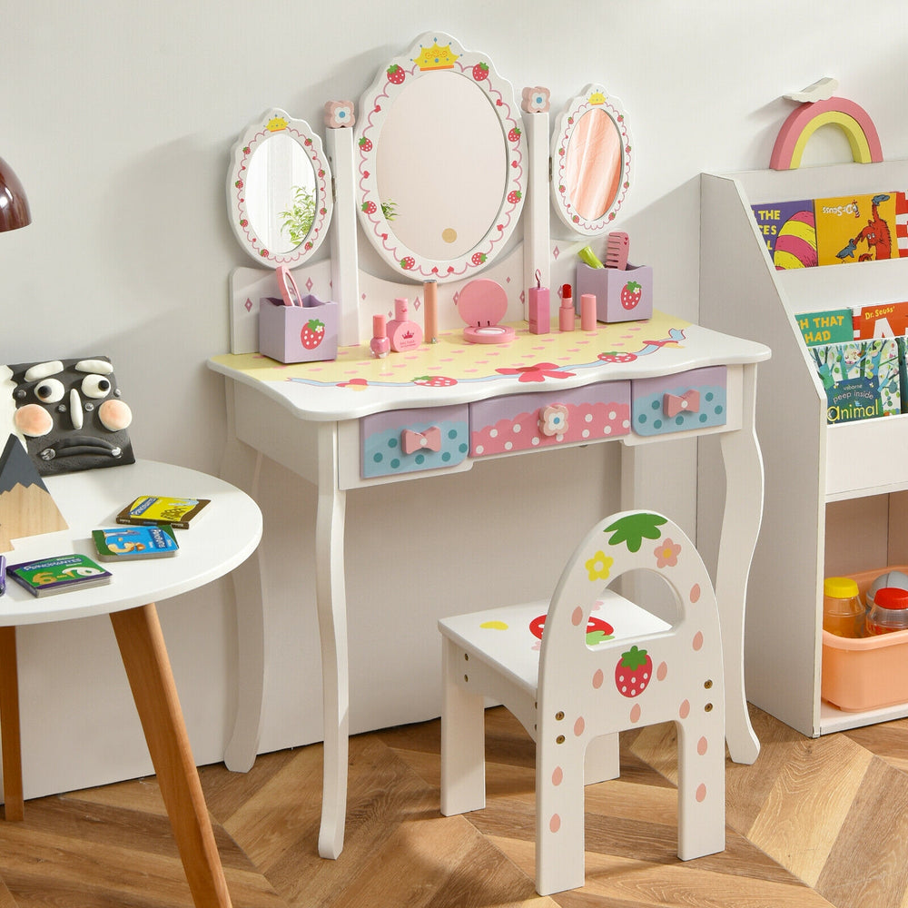 Kids vanity dressing table set in white with tri-fold mirror, 3 drawers, and a chair for makeup and study.