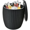 Black 9.5-gallon rattan cooler with drinks, serving as a cocktail table and storage box for outdoor gatherings.