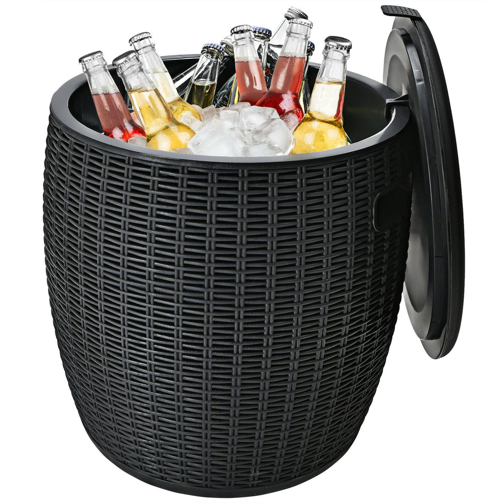 Black 9.5-gallon rattan cooler with drinks, serving as a cocktail table and storage box for outdoor gatherings.