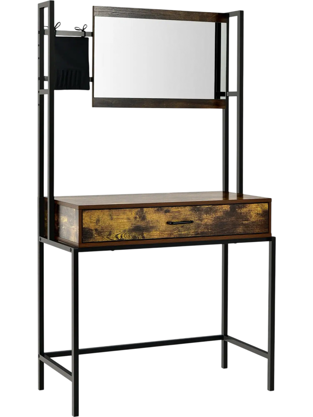 Industrial vanity table with adjustable mirror, spacious drawer, and rustic brown wood finish for stylish bedroom decor.