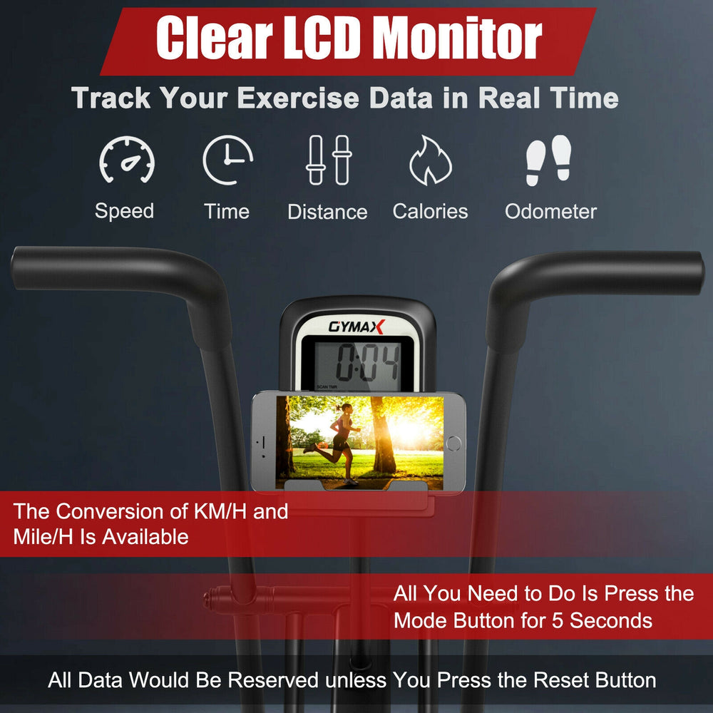 Upright air bike with clear LCD monitor displaying time, speed, distance, and calories for full body workouts.