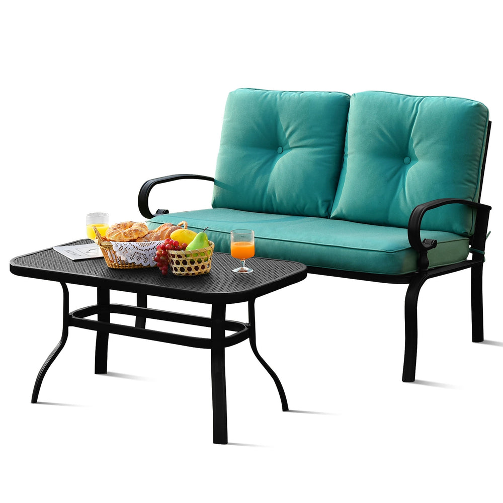 Turquoise cushioned loveseat and coffee table set with sturdy steel frame, perfect for outdoor patio relaxation.
