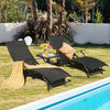 Black patio folding lounge chairs with armrests, featuring a 5-position adjustable backrest, perfect for poolside.
