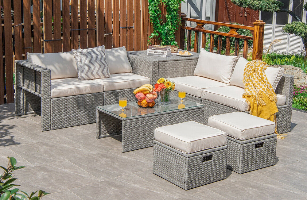 8 Pieces Patio Rattan Furniture Set with Storage Waterproof Cover and Cushion-Off White - Gallery View 1 of 11