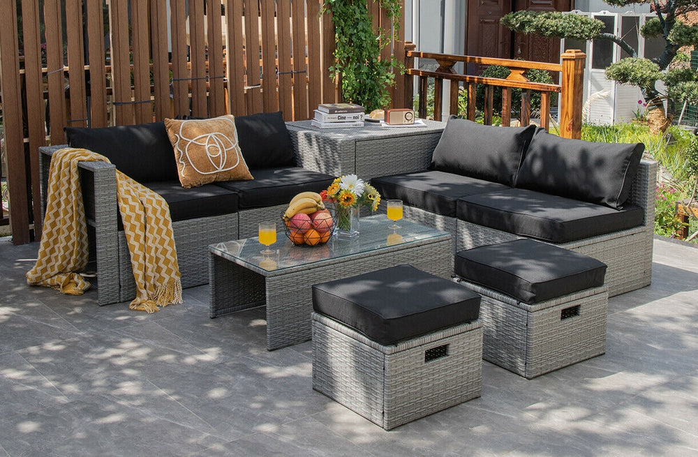 8 Pieces Patio Rattan Furniture Set with Storage Waterproof Cover and Cushion-Black - Gallery View 1 of 10
