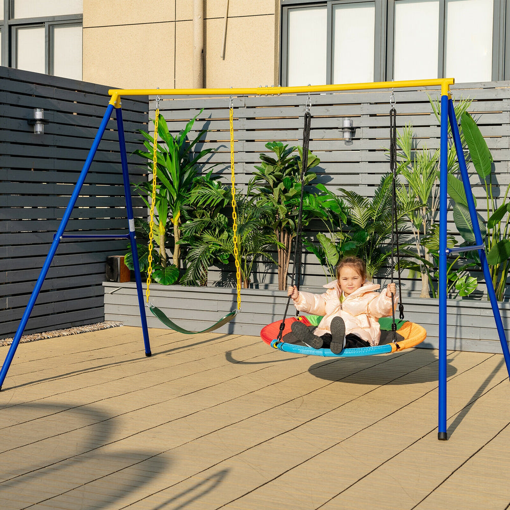 Child enjoying the saucer tree swing from the 2-Pack Swing Set, featuring durable Oxford fabric and rustproof steel.