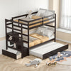 Twin over twin bunk bed in dark brown with storage shelf, rolling trundle, and safety guardrail for kids' rooms.