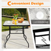 32-inch black steel square table with tempered glass top and umbrella hole, perfect for outdoor dining and relaxation.