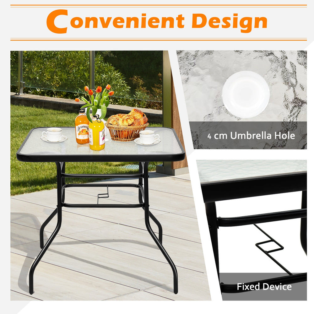 32-inch black steel square table with tempered glass top and umbrella hole, perfect for outdoor dining and relaxation.