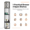 Modern standing shelf lamp with 1 drawer, 3 open shelves, power outlet, and USB ports for convenient charging.