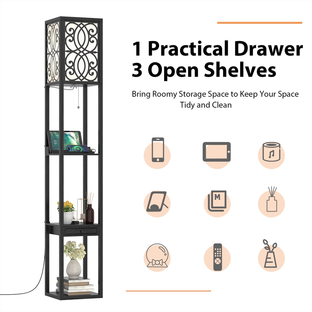 Modern standing shelf lamp with 1 drawer, 3 open shelves, power outlet, and USB ports for convenient charging.