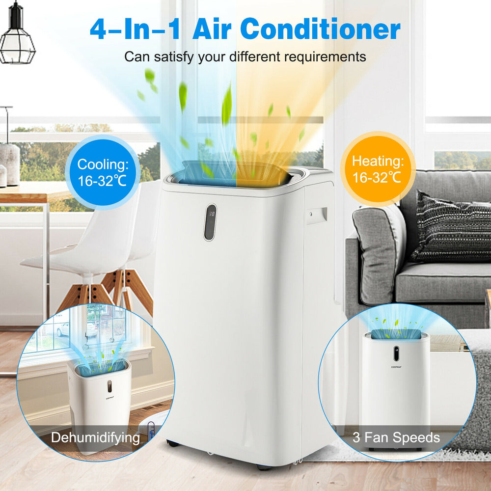 Portable 12000 BTU air conditioner in white with 4-in-1 functionality for cooling, heating, and dehumidifying.