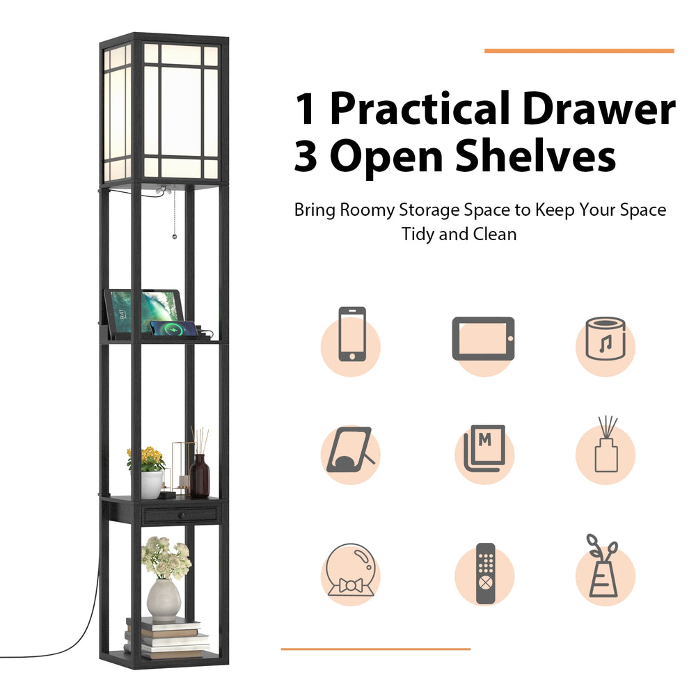 Modern floor lamp with shelves and drawer, featuring 3 open shelves, USB ports, and a white lampshade for a tidy space.