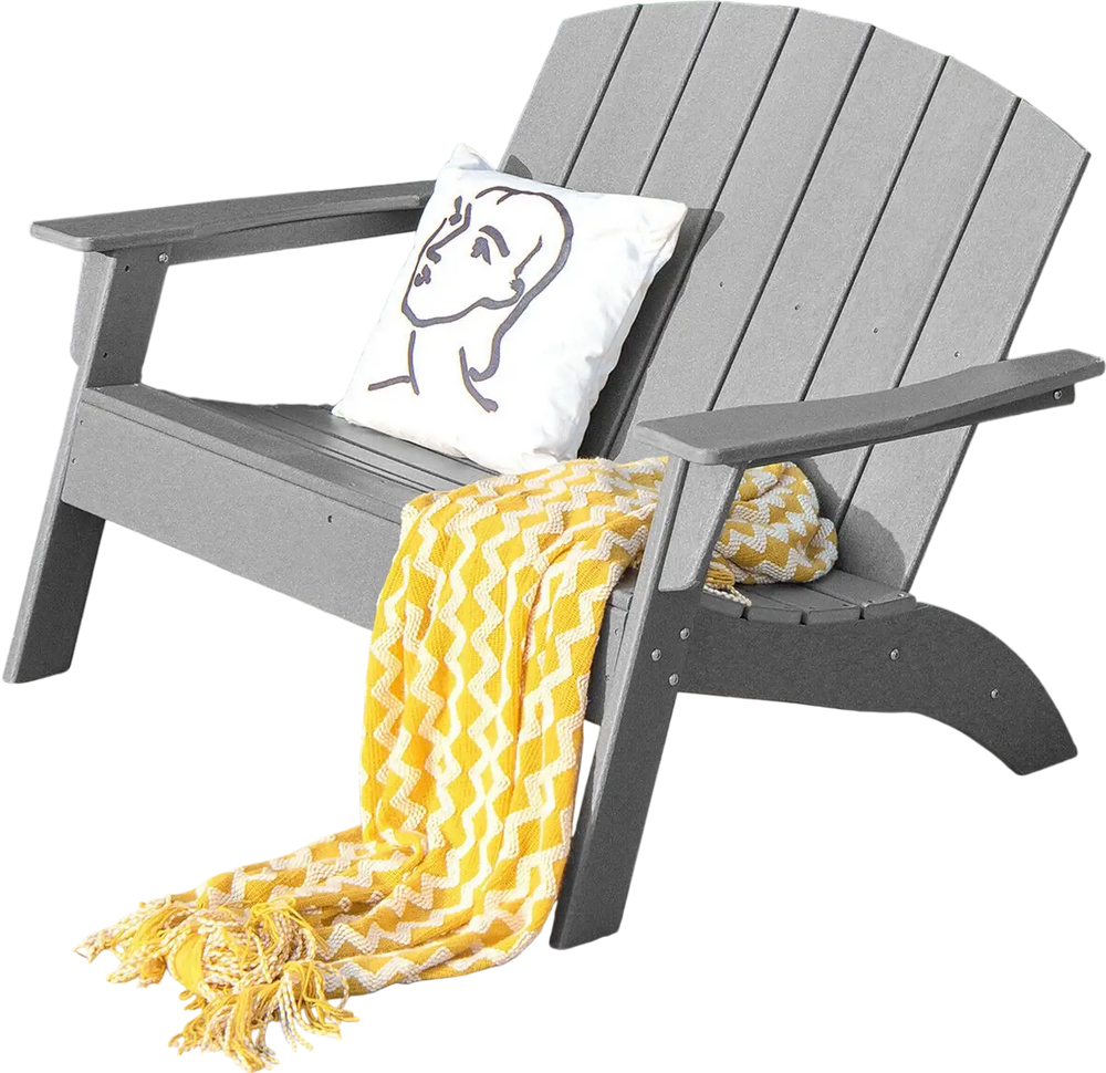 Gray HDPE patio Adirondack chair with wide armrests, perfect for two, ideal for porch or backyard relaxation.
