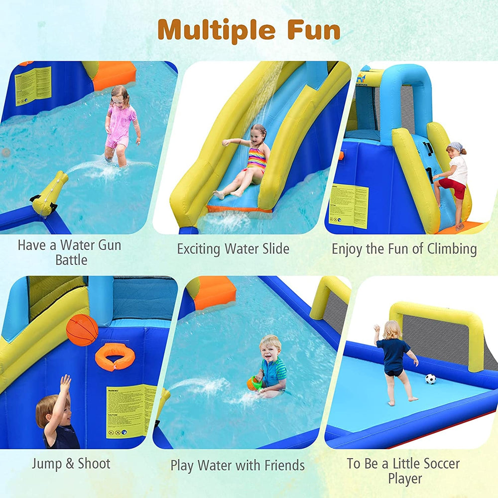6-in-1 inflatable water slide featuring a climbing area, water slide, and play area for kids' outdoor fun.
