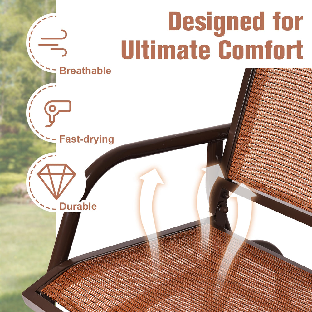 Swing glider chair with breathable fabric and sturdy steel frame, designed for outdoor comfort in patios and gardens.