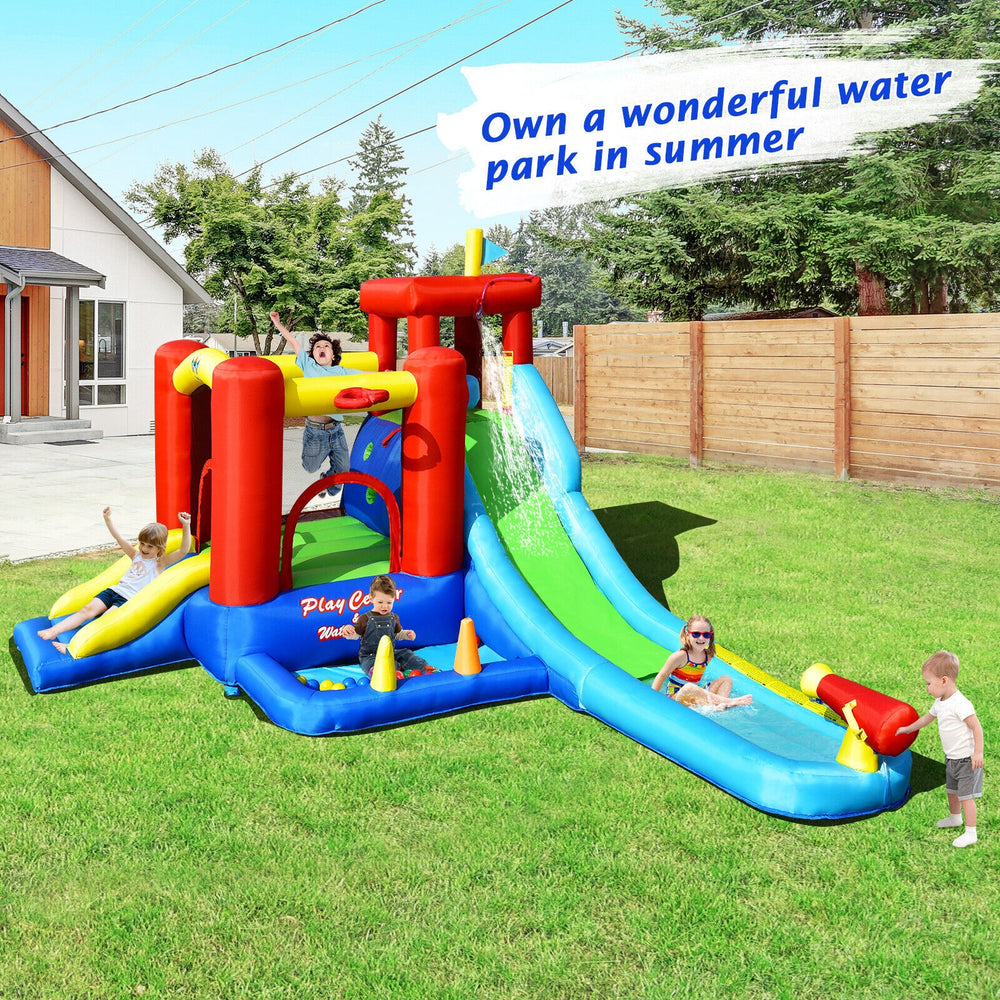 Colorful 9-in-1 inflatable kids water slide bounce house with splash pool, perfect for summer fun in the backyard.